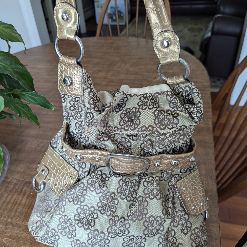 Floral Patterned Beige and Gold Women's Bag